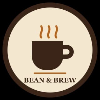 Et rundt café-logo med en dampende kaffekop og teksten Bean & Brew